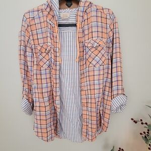 Boston Traders Peach and Navy Striped Plaid Hooded Shirt